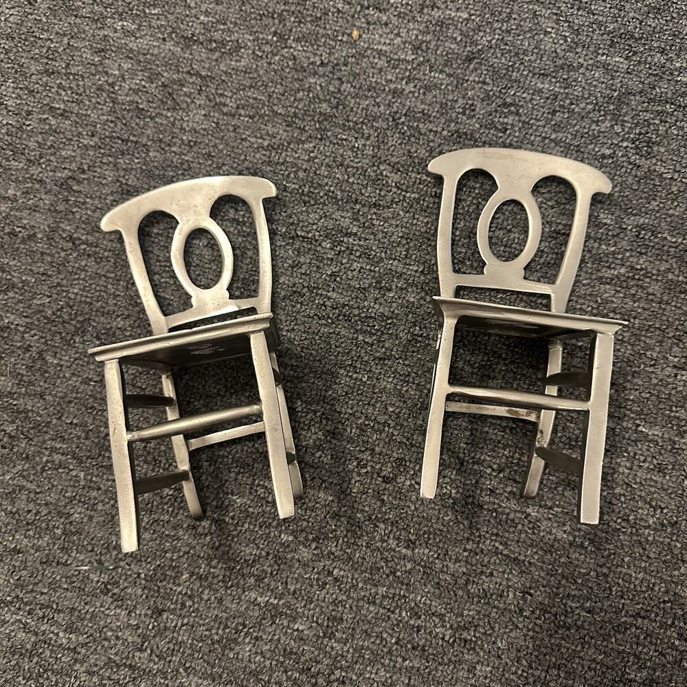 2 RARE VTG. SOLID STAINLESS STEEL TRESTLE BASE NAPOLEON BACK CHAIR FIGURINE